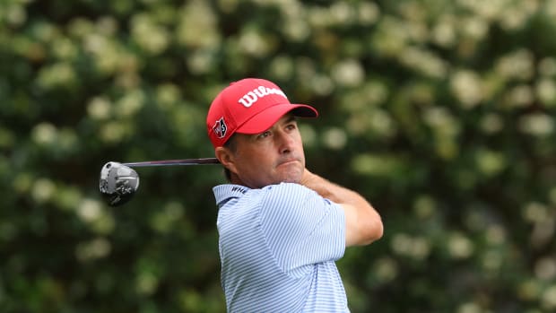 Kevin Kisner of the United States plays his shot from the sixth tee during the first round of the RBC Heritage at Harbour Town Golf Links on April 13, 2023 in Hilton Head Island, South Carolina. 
